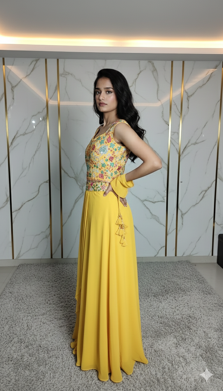 Designer party wear dress three piece set blouse palazzo and Shrug 