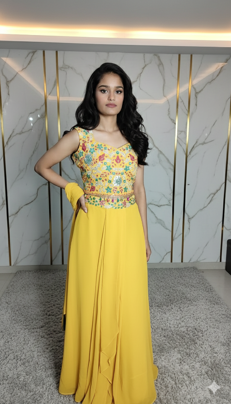 Designer party wear dress three piece set blouse palazzo and Shrug 