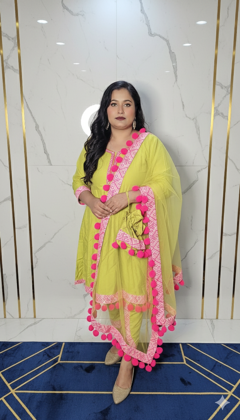 Stylish party wear frock suit with pom pom 