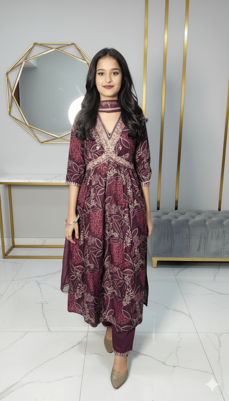 Women Wine Naira Cut Kurta Set