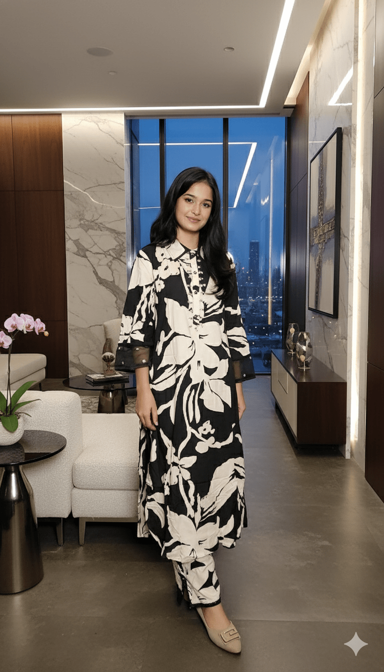 Women Black White Rayon Suit Set