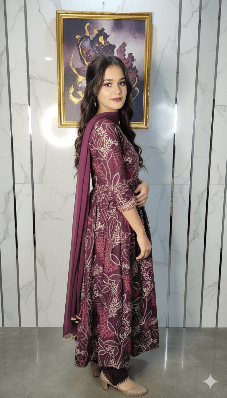 Women Wine Naira Cut Kurta Set